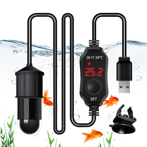 HIULLEN Mini Aquarium Heizung, 10W 5V 2A USB Aquarium Heizstab mit LED-Anzeige, Aquarien Regelheizer, Temperatur Einstellbare Aquarium Heizer mit Saugnäpfen für Fischtanks Salzwasser und Süßwasser von HIULLEN