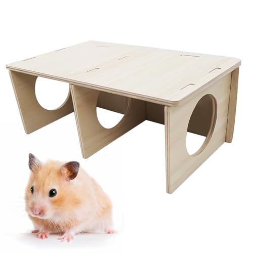 HIXNUG Einteiliges natürliches Hamsterhaus aus Holz, Mehrkammer-Hamsterversteck mit Tunnel, Hamster, Übungsspielzeug für Zwerghamster, Ratten, Rennmäuse, Maus von HIXNUG