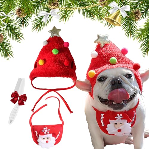 Adorable Christmas Tree Pom-Pom Hat,Christmas Tree Hat for Dogs,Dog Christmas Tree Hat,Christmas Tree Pom Pom Hat for Dogs,Pet Christmas Costume Xmas Tree Costumes for Small Dog Cat (Rot, M) von HItianya