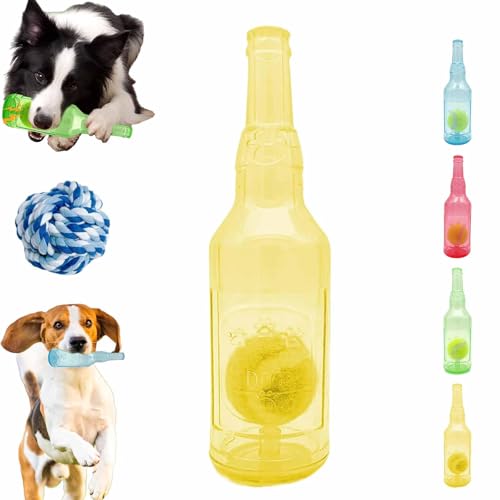 HItianya Kaubierflasche mit Tennisball für Haustiere, Bierflaschen-Kauspielzeug mit Tennisball für Hunde, Wasserflaschen-Hundespielzeug für kleine und mittelgroße Hunde (Yellow, Small) von HItianya