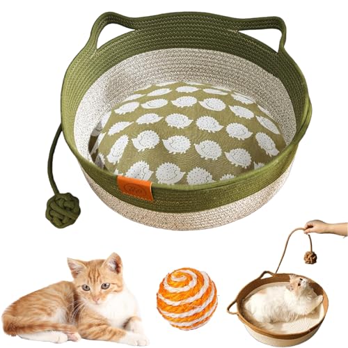 HItianya Virelapets Katzenkorb aus gewebtem Seil, Virela Katzenkorb aus gewebtem Seil, handgewebter Katzenkorbs aus Seils mit integrierter Kratzmatte und Spielball (Green (Padded), 16 in) von HItianya