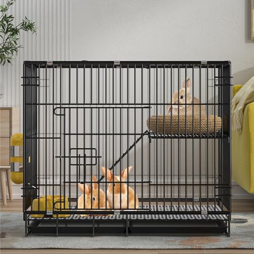 HJYryhyfddply Hasenkäfig, 2-Lagiger Kaninchenkäfig für Den Innenbereich mit Tiefen Ausziehwannen Und Antikollisionsverriegelung, Kleintierhaus für Kaninchen, Katzen, Hunde(Black,Large) von HJYryhyfddply