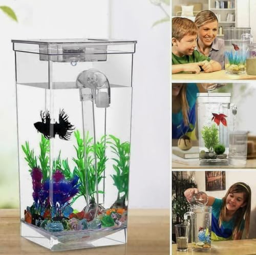 Selbstreinigendes Schreibtisch-Aquarium, komplett mit LED-Licht und Schwerkraftreinigung, Flussbettsteinen und Wasserpflanze von HK Online