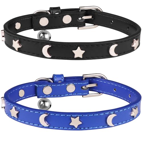 HLJ Leder-Katzenhalsband, Katzenhalsband mit Glöckchen, stilvolle Mond- und Sternnieten, verstellbar, Katzenhalsband für Jungen, Katzen, Schwarz und Blau (XS), 2 Stück von HLJ