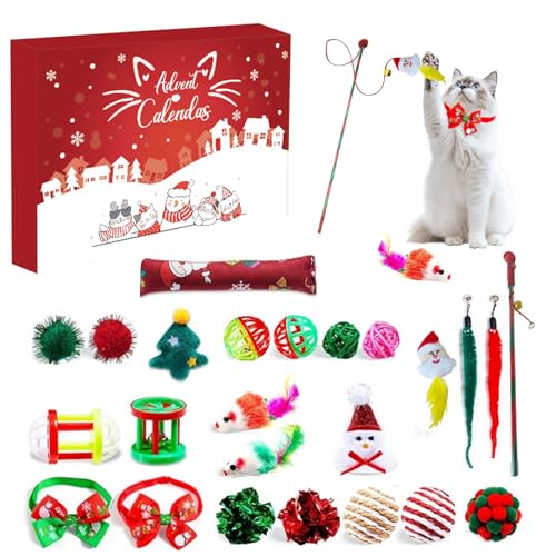 HLJS Katzen Spielzeug Set 24Pcs, Katzenspielzeug Weihnachts Adventskalender, Katzen-Weihnachtsspielzeug, Federspielzeug, Plüschspielzeug, Mäuse, Interaktives Katzenzubehör (01) von HLJS