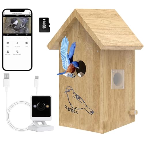 Vogelhaus mit Kamera, 3MP HD Nistkasten mit Kamera wetterfest, 2,4 G WiFi & App Benachrichtigung, Beobachten Sie das Nisten und Schlüpfen, automatische Aufnahme von Vogelvideos & Bewegungserkennung, C von HLMNAKE