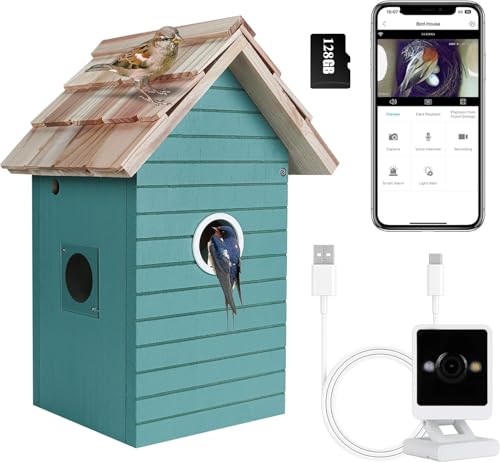 Vogelhaus mit Kamera, 3MP HD Nistkasten mit Kamera wetterfest, 2,4 G WiFi & App Benachrichtigung, Beobachten Sie das Nisten und Schlüpfen, automatische Aufnahme von Vogelvideos & Bewegungserkennung, A von HLMNAKE