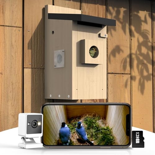 Vogelhaus mit Kamera, 3MP HD Nistkasten mit Kamera wetterfest, 2,4 G WiFi & App Benachrichtigung, Beobachten Sie das Nisten und Schlüpfen, automatische Aufnahme von Vogelvideos & Bewegungserkennung, B von HLMNAKE