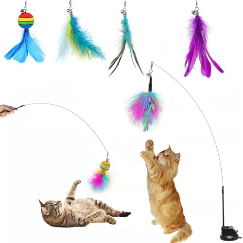 HLXJR Interaktive katzenspielzeug, intelligenzspielzeug für Katzen, Mit starkem Saugnapf,Kätzchen Zauberstab Spielzeug Fliegender Vogel Cat Toys Mit Saugnapf für Kleine Große Katzen (Set A-7) von HLXJR