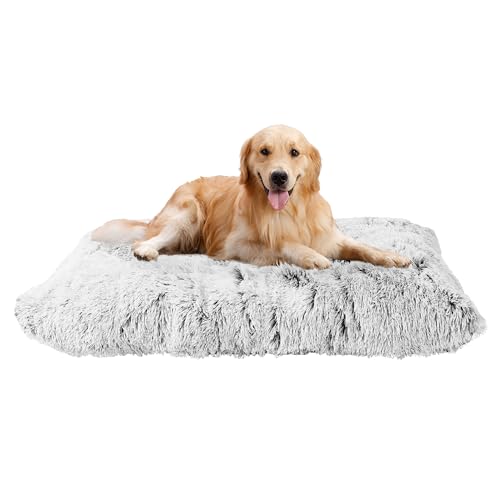 HMTOPE Hundebett, Flauschig Hundematten, Länger Plüsch Hundekissen, waschbar, rutschfeste Unterseite, 110 cm für Mittelgroße Hunde, Grosse Hunde, Hellgrau von HMTOPE