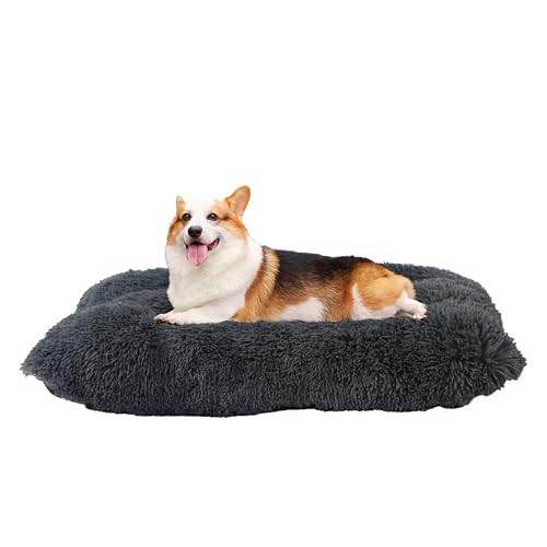 HMTOPE Hundebett, Flauschig Hundematten, Länger Plüsch Hundekissen, waschbar, rutschfeste Unterseite, 90 cm für Mittelgroße Hunde, Dunkelgrau von HMTOPE