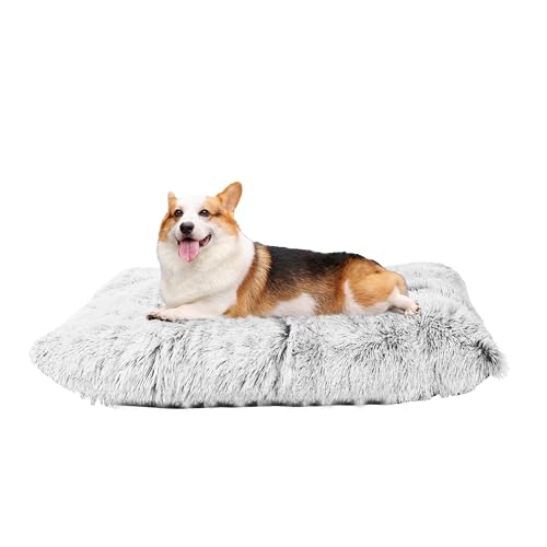 HMTOPE Hundebett, Flauschig Hundematten, Länger Plüsch Hundekissen, waschbar, rutschfeste Unterseite, 90 cm für Mittelgroße Hunde, Hellgrau von HMTOPE