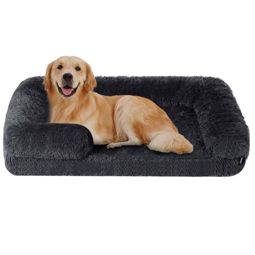 HMTOPE Orthopädisches Hundebett, Hundesofa, Abnehmbar und Waschbar, Rutschfeste Unterseite Hundekorb, Langer Plüsch, Wasserdichtes Futter, Mittelgroße Hunde, Grosse Hunde, 106 x 80 x 23 cm, Dunkelgrau von HMTOPE