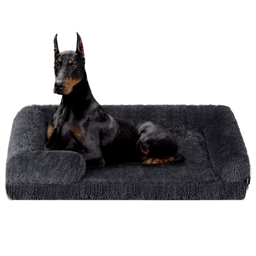 HMTOPE Orthopädisches Hundebett, Hundesofa, Abnehmbar und Waschbar, rutschfeste Unterseite Hundekorb, Langer Plüsch, Wasserdichtes Futter, Grosse Hunde, 122 x 85 x 24 cm, Dunkelgrau von HMTOPE