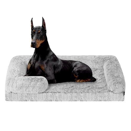 HMTOPE Orthopädisches Hundebett, Hundesofa, Abnehmbar und Waschbar, rutschfeste Unterseite Hundekorb, Langer Plüsch, Wasserdichtes Futter, Grosse Hunde, 122 x 85 x 24 cm, Hellgrau von HMTOPE