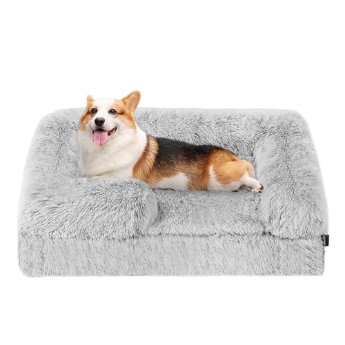 HMTOPE Orthopädisches Hundebett, Hundesofa, Abnehmbar und Waschbar, rutschfeste Unterseite Hundekorb, Langer Plüsch, Wasserdichtes Futter, Mittelgroße Hunde, 91 x 68 x 23 cm, Hellgrau von HMTOPE