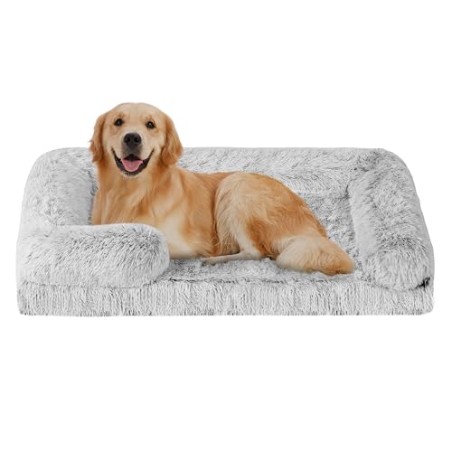 HMTOPE Orthopädisches Hundebett, Hundesofa, Abnehmbar und Waschbar, rutschfeste Unterseite Hundekorb, Langer Plüsch, Wasserdichtes Futter, Mittelgroße Hunde, Grosse Hunde, 106 x 80 x 23 cm, Hellgrau von HMTOPE