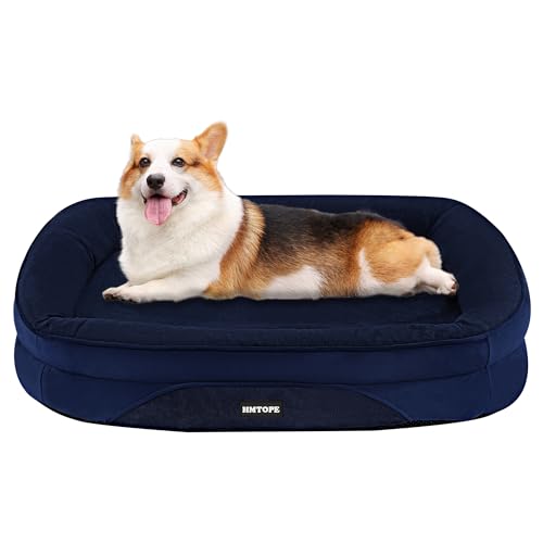 HMTOPE Orthopädisches Hundebett, Hundesofa, Vierseitiges Nackenrolle Kissen, rutschfeste Unterseite Hundekorb, Abnehmbar und Waschbar, Kleine Hunde, Mittelgroße Hunde, 90 x 71 x 15 cm, Navyblau von HMTOPE