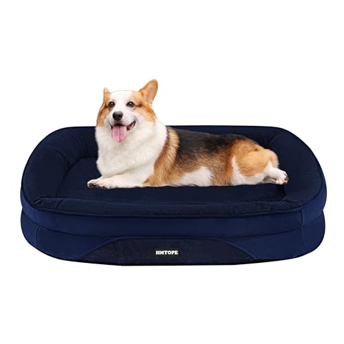 HMTOPE Orthopädisches Hundebett, Hundesofa, Vierseitiges Nackenrolle Kissen, rutschfeste Unterseite Hundekorb, Abnehmbar und Waschbar, Kleine Hunde, Mittelgroße Hunde, 90 x 71 x 15 cm, Navyblau von HMTOPE