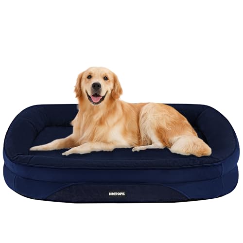 HMTOPE Orthopädisches Hundebett, Hundesofa, Vierseitiges Nackenrolle Kissen, rutschfeste Unterseite Hundekorb, Abnehmbar und Waschbar, Mittelgroße Hunde, Grosse Hunde, 106 x 79 x 17 cm, Navyblau von HMTOPE