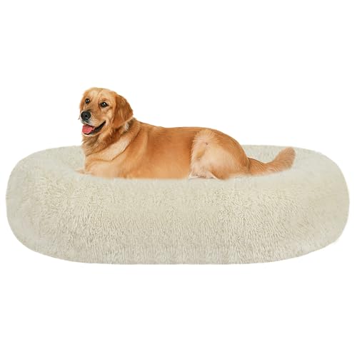 HMTOPE Orthopädisches Hundebett rund Hundekissen Hundesofa Katzenbett Donut Kuscheliges Hundekorb Waschbar, 100 cm Ø, Beige von HMTOPE