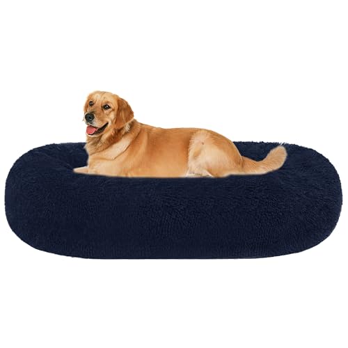 HMTOPE Orthopädisches Hundebett rund Hundekissen Hundesofa Katzenbett Donut Kuscheliges Hundekorb Waschbar, 100 cm Ø, Navyblau von HMTOPE