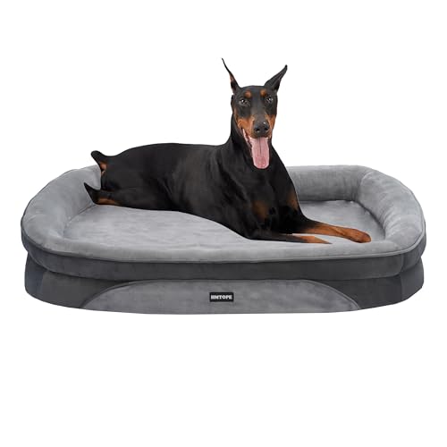 HMTOPE Orthopädisches Hundebett, Hundesofa, Vierseitiges Nackenrolle Kissen, rutschfeste Unterseite Hundekorb, Abnehmbar und Waschbar, Grosse Hunde, 122 x 90 x 19 cm, Hellgrau von HMTOPE