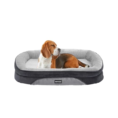 HMTOPE Orthopädisches Hundebett, Hundesofa, Vierseitiges Nackenrolle Kissen, rutschfeste Unterseite Hundekorb, Abnehmbar und Waschbar, Kleine Hunde, Mittelgroße Hunde, 90 x 71 x 15 cm, Hellgrau von HMTOPE