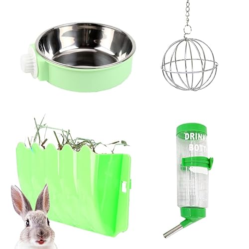 HNDB Kaninchenfütterungsset, Wasserflasche, Futternapf, Heuraufe, Grasball, Kleintierfütterungswerkzeug Für Kaninchen Meerschweinchen Chipmunk Chinchilla Kaninchenkäfig Zubehör (one Set,Green) von HNDB