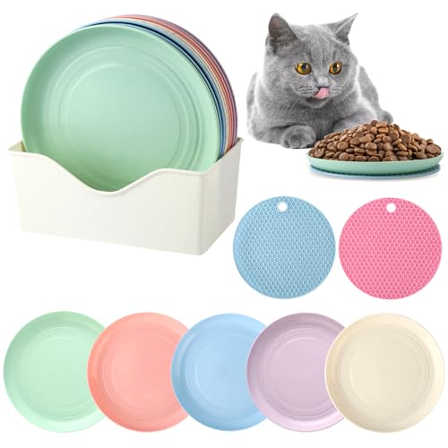 10 Stück Katzennapf Flach mit 2 Antirutsch Matte, Kreisförmige Futternapf Katze Flach mit Aufbewahrungsbasis, Bunt Katzen Napfset, Katzenteller Flach für Kätzchen und Kurzbeinige Katzen von HOCUCHELAND