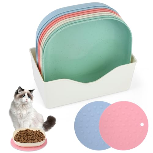 8 Stück Katzennapf Flach, Flacher Napf Katze mit 2 Anti-Rutsch Matte, Fressnapf Katze Quadrat Katzen Napf, Katzen Futternapf mit Aufbewahrungsbasis, Fressnapf Katze für Kätzchen Kurzbeinige Katzen von HOCUCHELAND