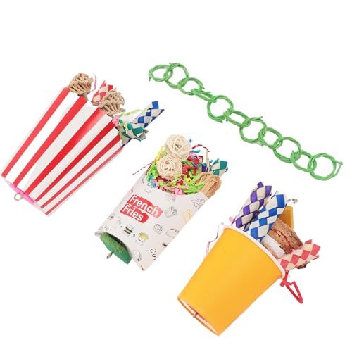 HOHXFYP Futtervogelspielzeug, 3 Teiliges Set, Pommes Frites Vogelspielzeug, Zerkleinerbare, Interaktive Futterfalle, Pappbecher für Nymphensittiche, Sittiche, Sittiche, Vögel von HOHXFYP