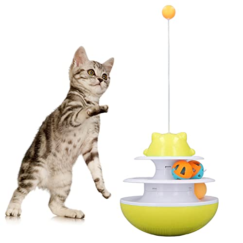 HOHXFYP Katzen Plattenspieler Spielzeug,ABS Material,Doppelspur Kugel Design,K?tzchen,2 Ebenen,Spielzeug f¨¹r Haustiere,Katze,Interaktives Spielzeug mit 3 Attraktiven B?llen (18.3in-Gelb) von HOHXFYP