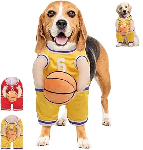 Hunde Basketball Kostüm, Hunde Basketball Kostüm Mit Ball, Hunde Basketball Halloween Kostüm, Basketball Star Haustier Kostüm, Hunde Basketballtrikot für Kleine, Mittelgroße, Große Hunde (Gelb, L) von HOIDOKLY