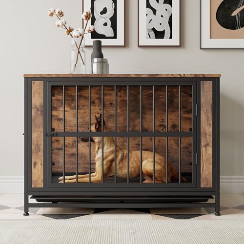 HOJINLINERO Hundekäfig Möbel,Holz Hundebox für Zuhause,Moderne Hundehütte Indoor im Türen und abnehmbarem Tablett,Hochbelastbar Beistelltisch für große mittelgroße Hunde, 99x65x69 cm,Schwarz & Braun von HOJINLINERO