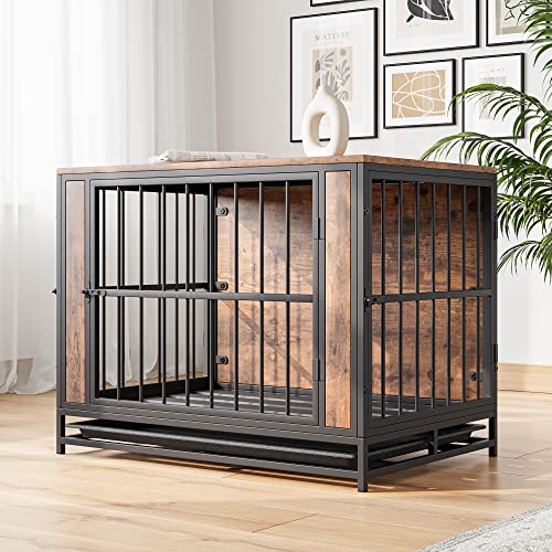 HOJINLINERO Indoor Hundekäfig Schrank:Hundebox Große/Mittlere Hunde Hundehütte Indoor mit Holz Tischoberfläche/Herausnehmbarer Bodenwanne,Hundehaus TV Schrank Tierkäfig Hundezwinger 83x56x64cm Schwarz von HOJINLINERO