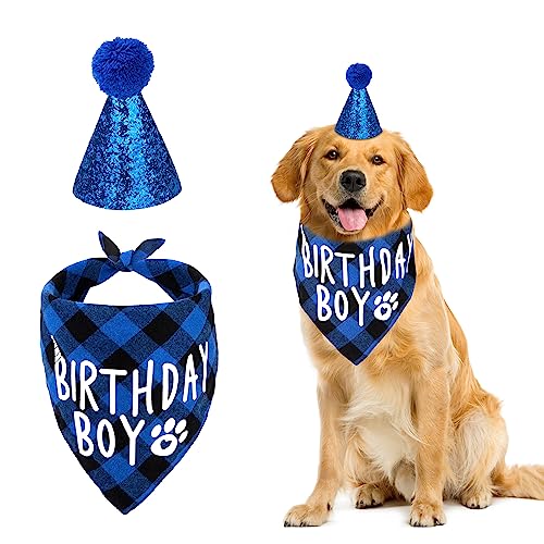 Hund Geburtstag Bandana Set Welpe Geburtstags Hut Schal Blau Party Zubehör Klassisches für Haustier Katze Dekoration Kopfbedeckung Kariertes Design Pailletten 2 Stück von HOLEMZ