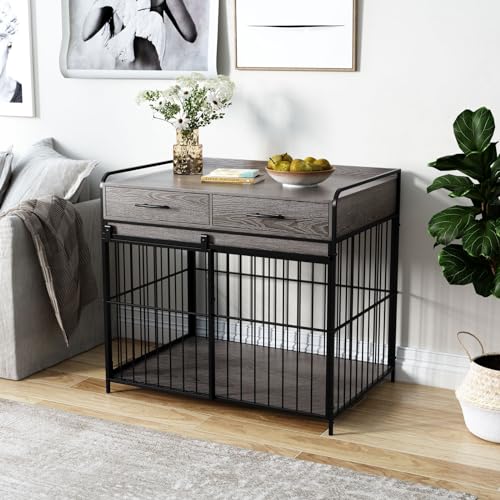 HOLTICO Hundekäfig als Sideboard mit 2 Schubladen, Hundekäfig Beistelltisch, Robuster Hundekäfig, Hundekäfig für einen Hund, Möbel, Möbelstück, Kau-sichere Metallstäbe, Farbe Grau von HOLTICO