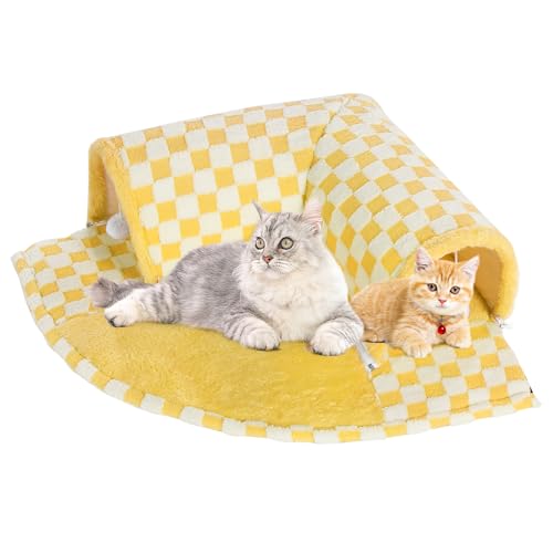 HOMBYS 2-in-1-Katzentunnelbett für Indoor-Katzen, flauschiges fächerförmiges Plüsch-Katzentunnelbett, fächerförmiges Katzenbett mit hängenden Spielzeugbällen, faltbare Katzenhöhle, Katzenspieltunnel, von HOMBYS