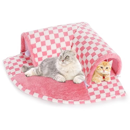 HOMBYS 2-in-1-Katzentunnelbett für Indoor-Katzen, flauschiges fächerförmiges Plüsch-Katzentunnelbett, fächerförmiges Katzenbett mit hängenden Spielzeugbällen, faltbare Katzenhöhle, Katzenspiel-Tunne, von HOMBYS