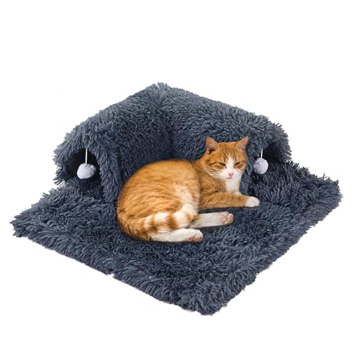 HOMBYS Flauschiges Plüsch-Katzentunnelbett, flauschiger Katzentunnel mit 2 hängenden Katzenballspielzeugen, Plüsch-Katzen-Donut-Tunnelbett für Indoor-Katzen, weich, flauschig, Peekaboo-Katzenhöhle, von HOMBYS