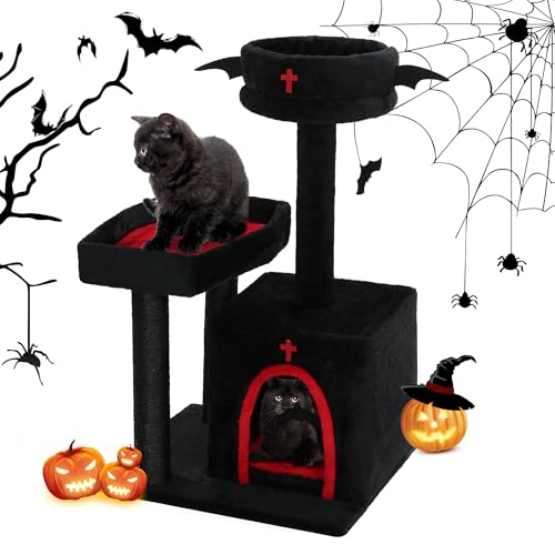 HOMBYS Gothic Katzenbaum mit Sargbett, 76,2 cm schwarzer Katzenturm mit großer Katzenhütte, Kratzbaum und Fledermaus hängender Kugel für Indoor-Katzen, mehrstufige schwarze von HOMBYS