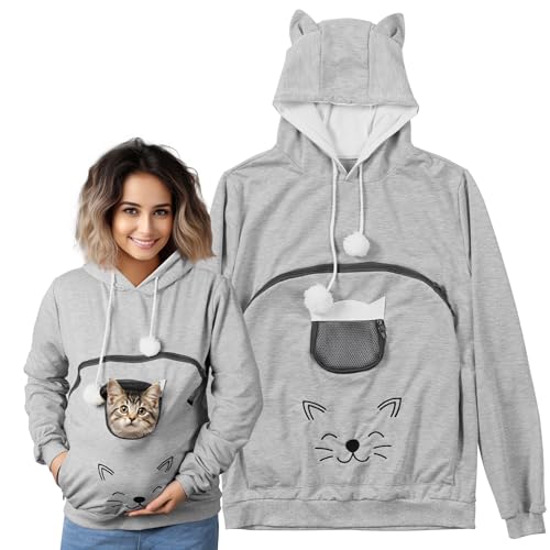 HOMELEVEL Hoodie Pullover mit Katzentasche - Niedlicher Pulli mit Hundetasche - Katzen Hoodie mit Haustier Tasche - Katzenpullover mit Beutel für kleine Haustiere von HOMELEVEL