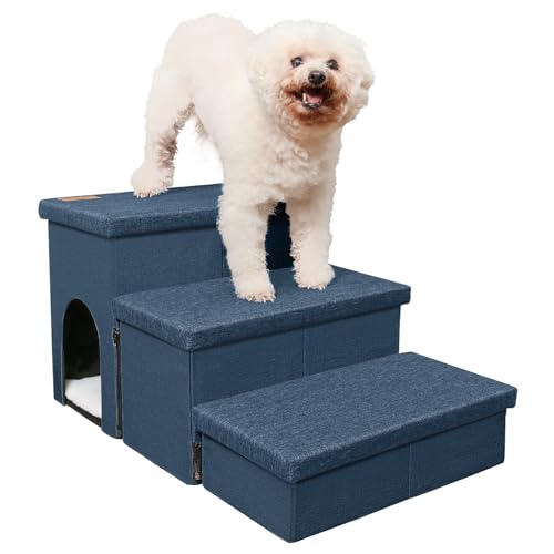 HOMELYSIAN Hundetreppe für hohe Betten, faltbare Haustiertreppe für kleine Hunde und Katzen mit Stauraum und Höhle, 3 Stufen rutschfeste Hundetreppe für Couch und Bett bis zu 55,9 cm, Marineblau von HOMELYSIAN