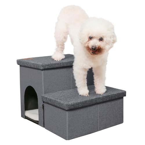 HOMELYSIAN Hundetreppe für hohe Betten, faltbare Haustiertreppe für kleine Hunde und Katzen mit Stauraum und Höhle, rutschfeste Hundetreppe für Couch und Bett bis zu 55,9 cm (2 Stufen, Dunkelgrau) von HOMELYSIAN