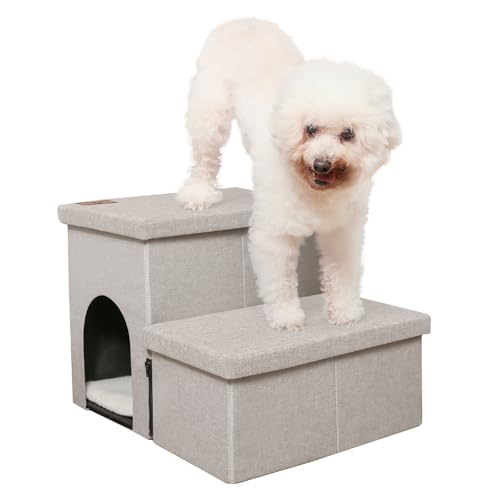 HOMELYSIAN Hundetreppe für hohe Betten, faltbare Haustiertreppe für kleine Hunde und Katzen mit Stauraum und Höhle, rutschfeste Hundetreppe für Couch und Bett bis zu 55,9 cm (2 Stufen, Beige) von HOMELYSIAN