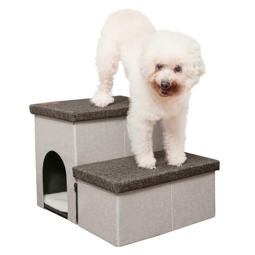 HOMELYSIAN Hundetreppe für hohe Betten, faltbare Haustiertreppe für kleine Hunde und Katzen mit Stauraum und Höhle, rutschfeste Hundetreppe für Couch und Bett bis zu 55,9 cm (2 Stufen, Beige-Braun) von HOMELYSIAN