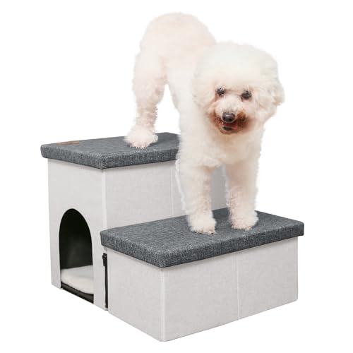 HOMELYSIAN Hundetreppe für hohe Betten, faltbare Haustiertreppe für kleine Hunde und Katzen mit Stauraum und Höhle, rutschfeste Hundetreppe für Couch und Bett bis zu 55,9 cm (2 Stufen, von HOMELYSIAN