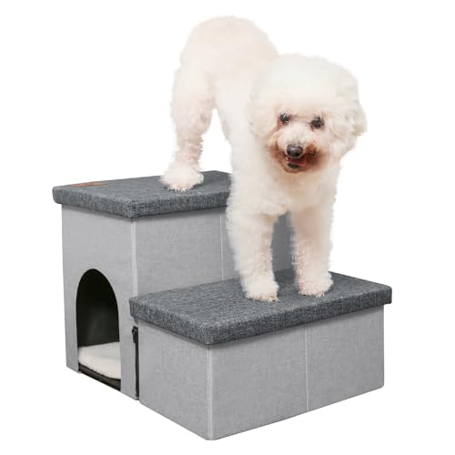 HOMELYSIAN Hundetreppe für hohe Betten, faltbare Haustiertreppe für kleine Hunde und Katzen mit Stauraum und Höhle, rutschfeste Hundetreppe für Couch und Bett bis zu 55,9 cm (2 Stufen, von HOMELYSIAN