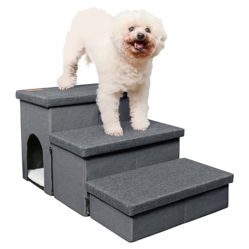 HOMELYSIAN Hundetreppe für hohe Betten, faltbare Haustiertreppe für kleine Hunde und Katzen mit Stauraum und Höhle, rutschfeste Hundetreppe für Couch und Bett bis zu 55,9 cm (3 Stufen, Dunkelgrau) von HOMELYSIAN